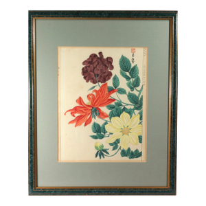 Japanese Woodblock Botanical Print of Three Dstinct Varieties of Dahlia by Tanigami Kōnon