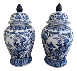 Chinoiserie Large Blue and White Porcelain Ginger Jars, Pair