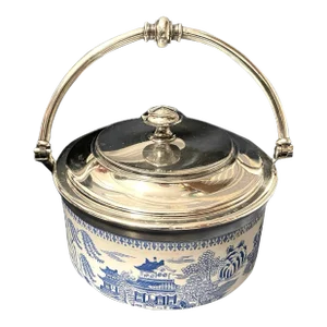 1895 Copeland Blue Willow Silverplated Porcelain Butter Lemon Covered Dish