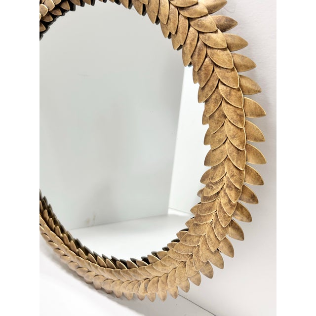 French Vintage Laurel Leaf Round Wall Mirror in Antiqued Gold Metal, 16.5" For Sale - Image 3 of 7