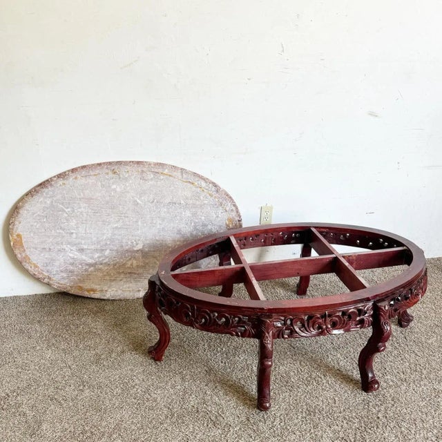 Brown Chinese Rosewood Hand Carved Pink Marble Top Oval Coffee Table For Sale - Image 8 of 8