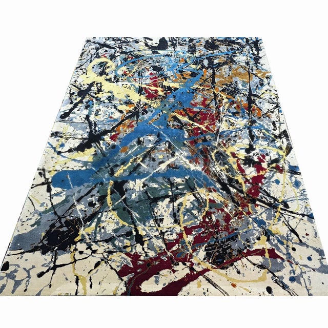 Abstract Contemporary Abstract Art Rug Inspired by Jackson Pollock "Number 16," Hand-Knotted Silk & Wool For Sale - Image 3 of 8