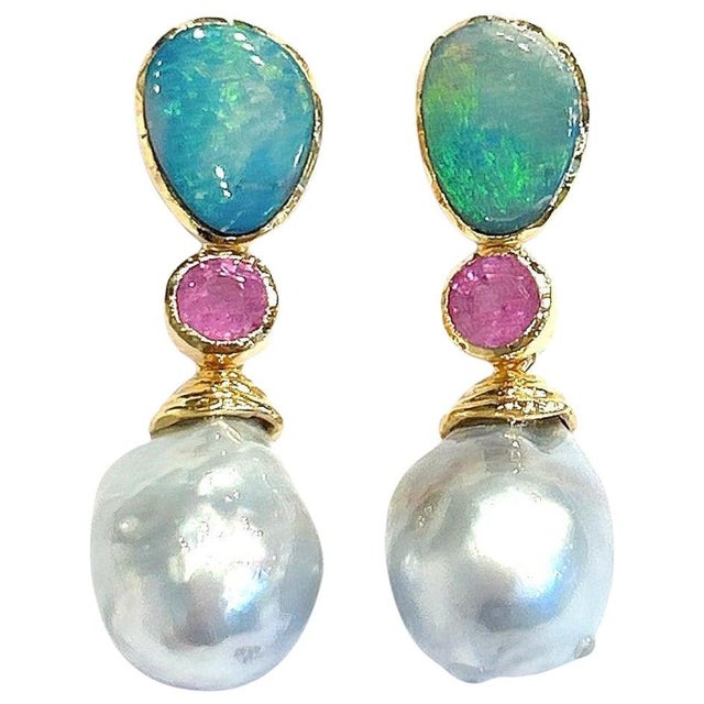 Bochic "Orient" Blue Opal, Pearl & Pink Ruby Earrings Set 18K Gold & Silver For Sale - Image 15 of 18