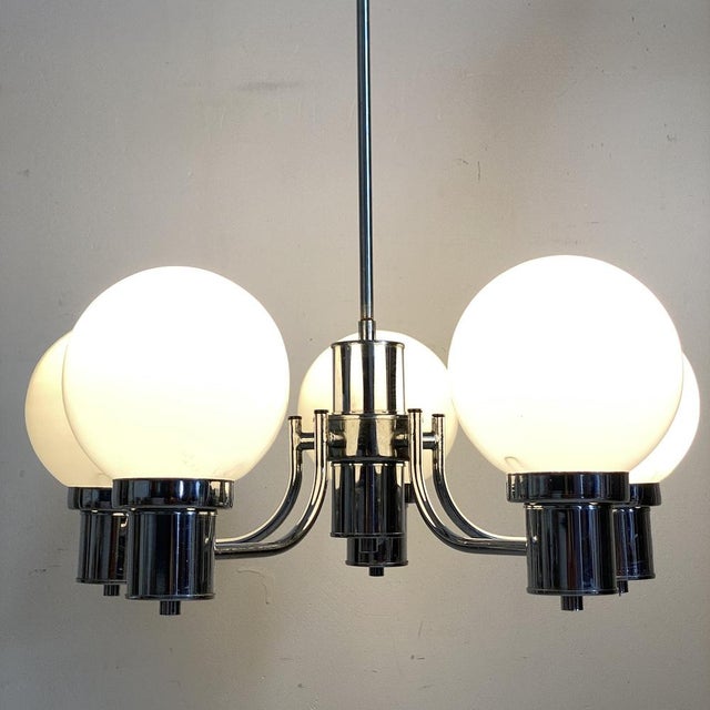 Vintage Chrome and White Glass Pendant Light, 1970s For Sale - Image 11 of 12