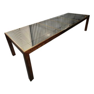 Vintage Henredon Walnut Brass Trim and Etched Smoked Mirror Top Parsons Dining Table W/2 Leaves For Sale