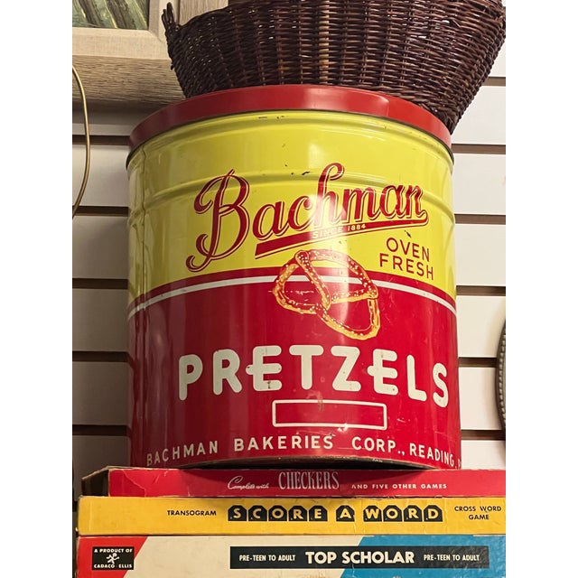 1950s Large Vintage 1950s Red & Yellow Bachman Pretzel Tin For Sale - Image 5 of 6