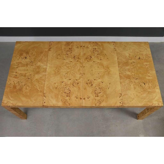 Refinished Milo Baughman Square to Rectangle 40” - 79” Parsons Burl Dining Table For Sale In Boston - Image 6 of 11