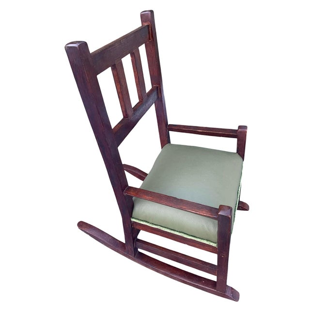 Mission Antique Stickley Attributed Small Quarter Sawn Oak Rocking Chair With New Leather Seat Upholstery - Circa 1905 For Sale - Image 3 of 5
