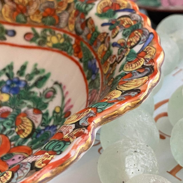 1920s Vintage 1920s Chinoiserie Famille Rose Thousand Butterflies China Oval Bowl For Sale - Image 5 of 10