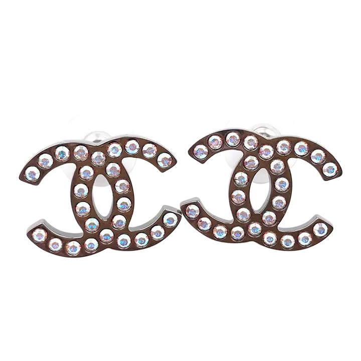 Chanel Silver CC Iridescent Crystal Large Piercing Earrings
