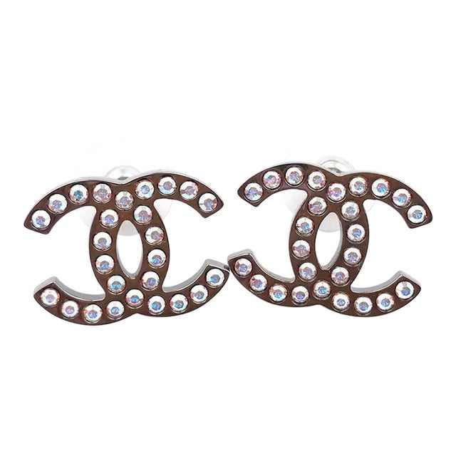 Chanel Silver CC Iridescent Crystal Large Piercing Earrings - 2 Pieces For Sale