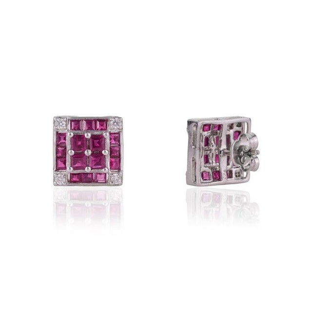 Art Deco Natural Ruby & Diamond Square Stud Earrings in Sterling Silver, A Pair For Sale - Image 9 of 12