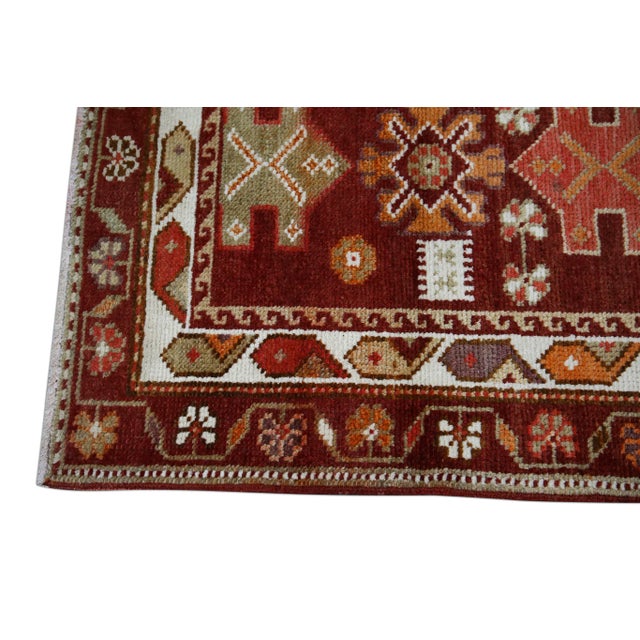 Modern 1960s Red Geometric Design Handwoven Wool Vintage Turkish Oushak Runner 2'10" X 14'11" For Sale - Image 3 of 6