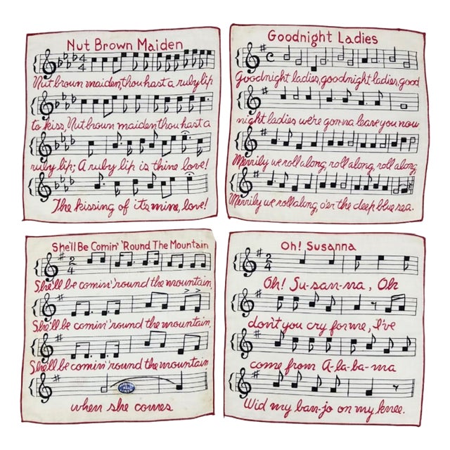 Vintage Set 4 Falflax Musical Song Linen Holiday Cocktail Napkins For Sale