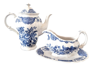Vintage English Windsor Blue & White Ceramic Teapot & Gravy Boat Set from Ridgway, 1960s, Set of 2