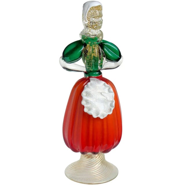 Murano Vintage Red Green Gold Flecks Italian Art Glass Mid-Century Traditional Dress Woman Sculpture For Sale In Orlando - Image 6 of 6