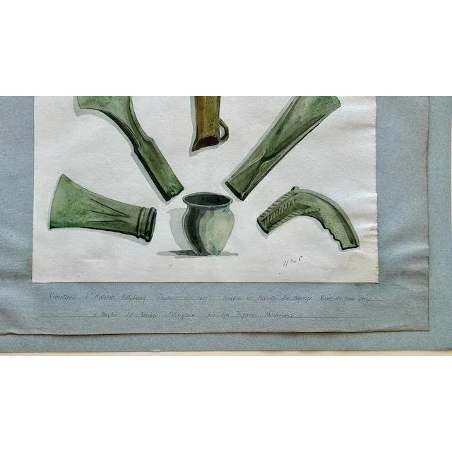 Green Antique Austrian Museum Watercolor c.1900 Bronze Age Tools Scientific Art For Sale - Image 8 of 9
