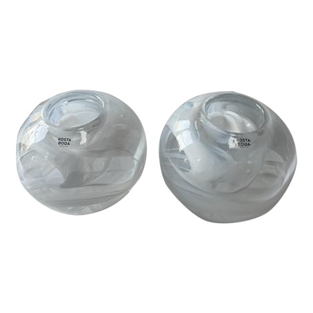 Clear & White Glass a Pair of Candle Holders in the "Igloo" Design by Swedish Company Kosta Boda For Sale