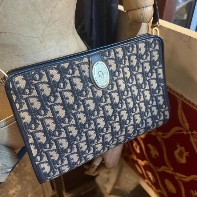 Christian Dior 1980s Vintage Trotter Blue Canvas and Blue Leather Christian Dior Crossbody Bag For Sale - Image 4 of 17