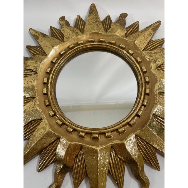 1970s Vintage Bright Gold 13" Sunburst Wall Accent Mirror For Sale - Image 5 of 17