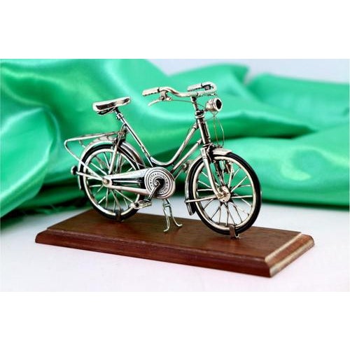 Metal Silver Bicycle with Applications and Wooden Base For Sale - Image 7 of 7