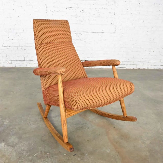 Vintage Mid-Century Modern Rocker Rocking Chair Oak With High Back Original Upholstery For Sale - Image 13 of 13