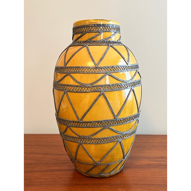 Antique Moroccan Ceramic Vase Maize Saffron Yellow with Metal Moorish Filigree Overlay Beautiful condition. The silver...
