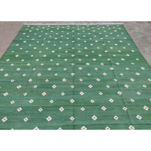 Textile Handmade Cotton Rug, Forest Green with White Diamonds and Cream Fringe - 8'x10' For Sale - Image 7 of 10