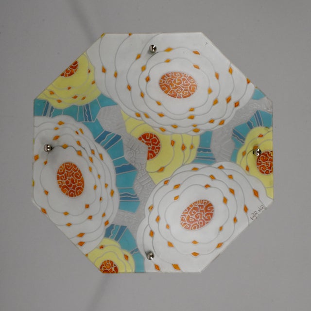 Loys Lucha French Art Deco Pendant Light 1930s - Octagonal Orange Abstract Shade For Sale - Image 9 of 18
