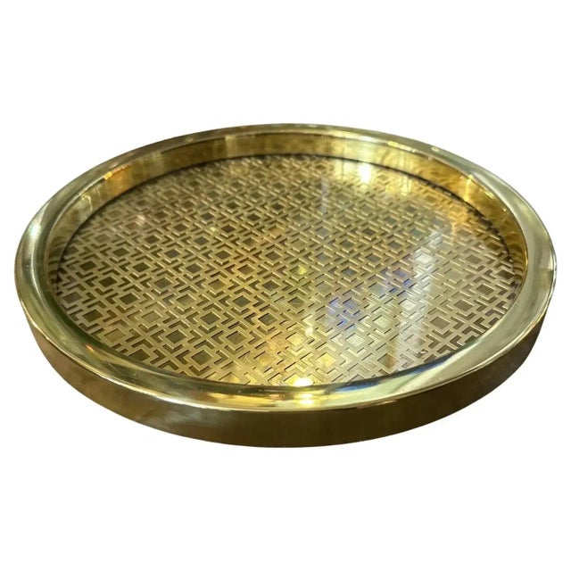 Chic 1960s Mid-Century Modern Italian Round Serving Tray - Brass with Geometric Pattern & Glass Top Introduce a touch of...