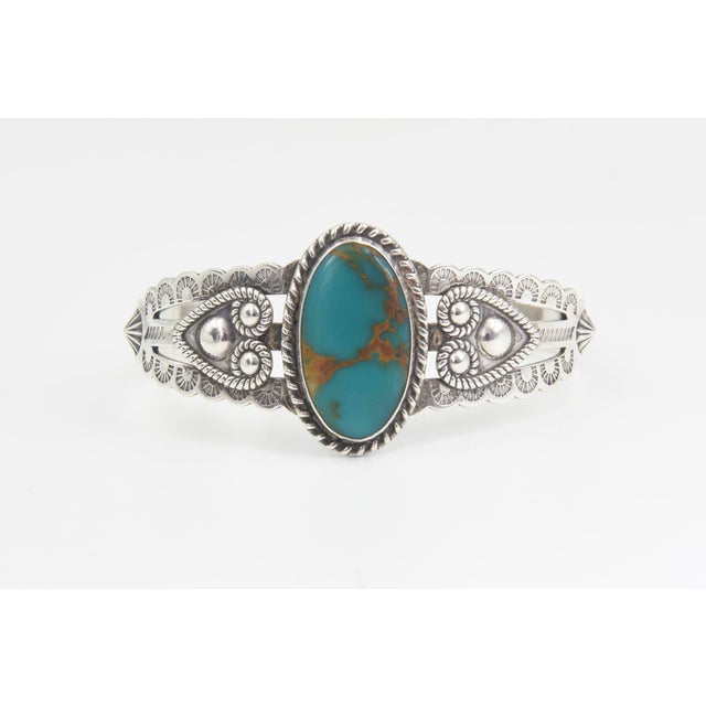 Vintage Southwestern Sterling Silver Turquoise Cuff Bracelet An exceptional vintage Southwestern-style silver cuff...