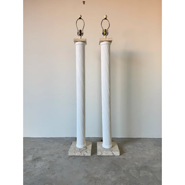 1980s Vintage Faux Pencil Reed Plaster Floor Lamps With Coral Stone Base – Pair For Sale - Image 4 of 12