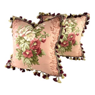 Early 20th Century American Broad Cloth Tasseled Floral Pillows/a Pair For Sale