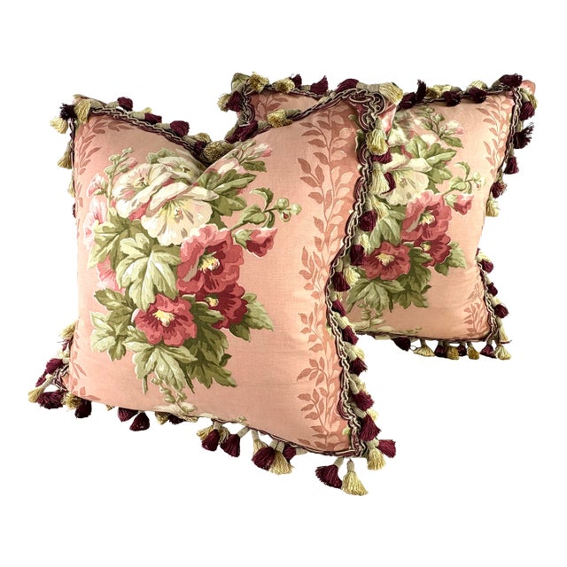 Early 20th Century American Broad Cloth Tasseled Floral Pillows/a Pair For Sale