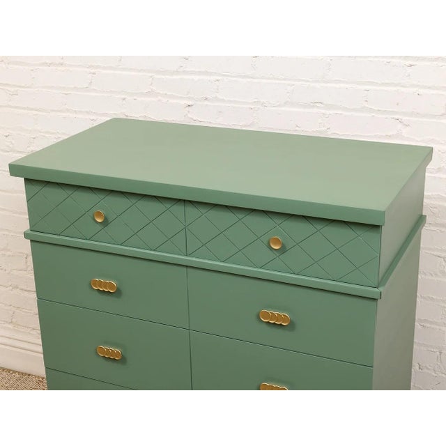 Olive Green Mid-Century Highboy Dresser With Diamond Detail and Sculptural Pulls by Kent Coffey For Sale - Image 10 of 12