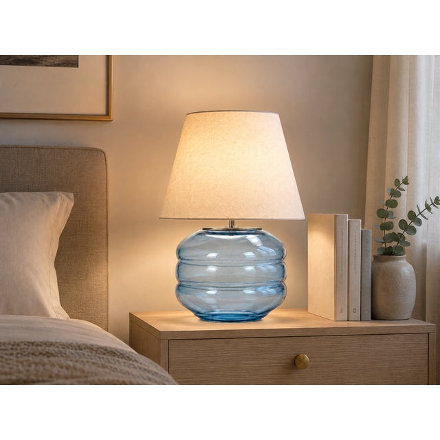 Contemporary Hand-Blown Glass Table Lamp with Linen Shade in Aqua by Svitanok For Sale - Image 3 of 4