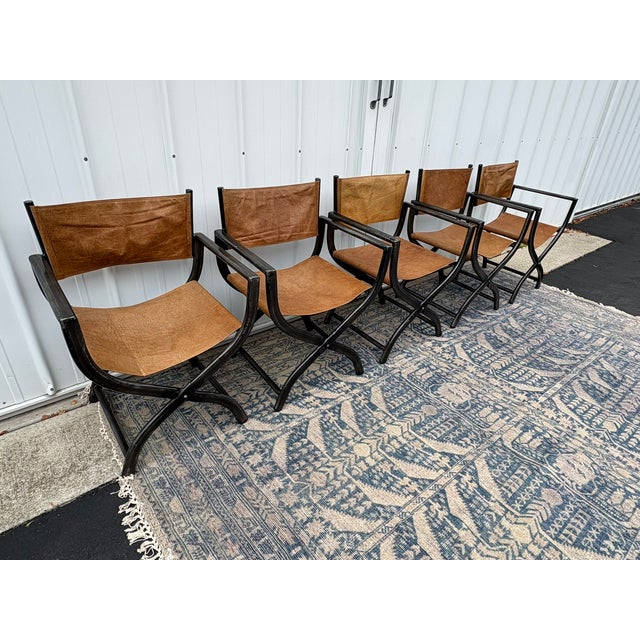 Rustic European Restoration Hardware 1970s French Director's Dining Chairs | Set of 5 | Chestnut Leather For Sale - Image 3 of 17
