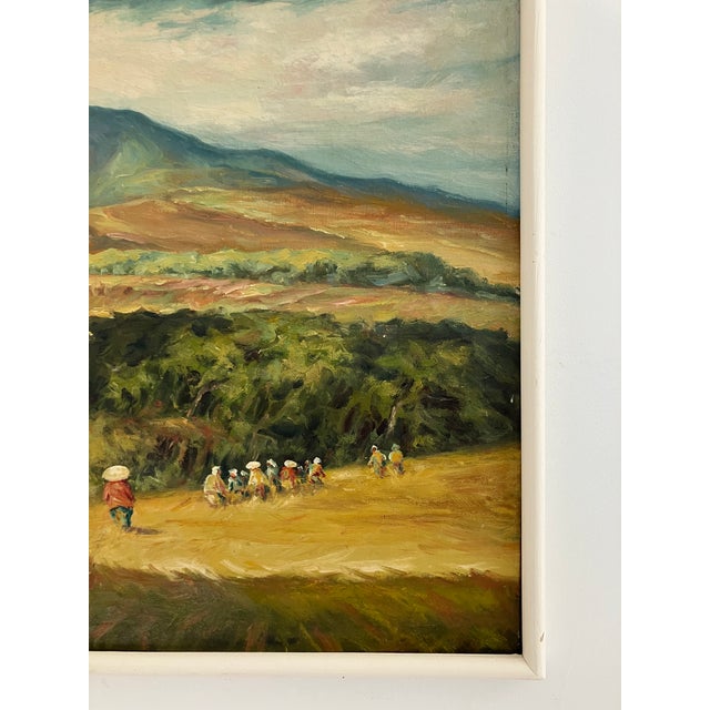Description Original oil painting depicting a rural landscape with figures working in a field and a large mountain in the...