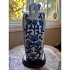 Mid 20th Century Mid 20th Century Large 10.5" Chinese Blue & White Moon Flask Vase & Stand - Phoenix & Peony Decor For Sale - Image 5 of 10
