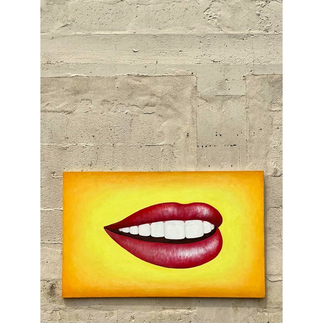 Late 20th Century Late 20th Century Vintage Boho Original Lips Oil Painting on Canvas For Sale - Image 5 of 10