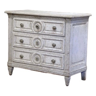 19th Century French Louis XVI Carved Painted Commode With Medallion Drawers For Sale