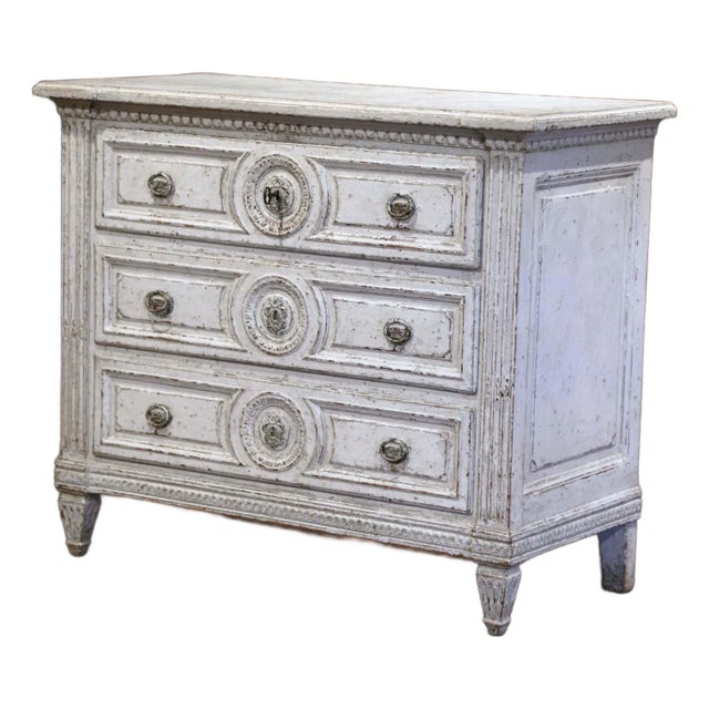19th Century French Louis XVI Carved Painted Commode With Medallion Drawers For Sale