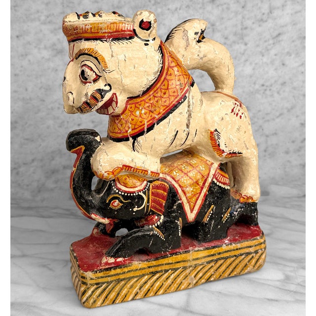 Indian Vintage Hindu Gajasimha Foodog Lion W/ Elephant Painted Sculpture - 12" For Sale - Image 3 of 14