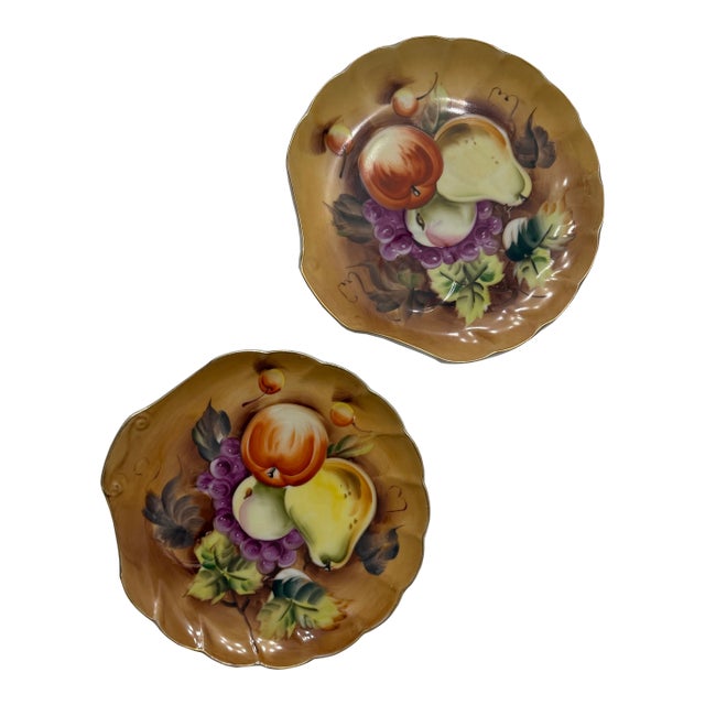 Vintage Seyei China Japan Hand Painted Fruit Dessert Plates – Set of 2 | Raised Fruit Motif | Cottage Kitchen Decor For Sale