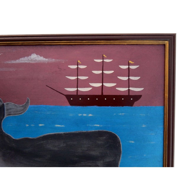 Blue Matt Rix, Naive Style Sperm Whale and Sailing Ship, Oil on Board For Sale - Image 8 of 10