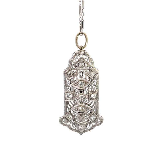 Early 21st Century Antique 14k White Gold Diamond Art Deco Filigree Necklace For Sale - Image 5 of 9