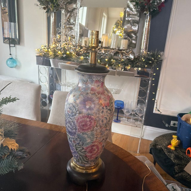Vintage Frederick Cooper Floral Pink Purple Blue Ceramic Ginger Jar Table Lamp For Sale - Image 10 of 11