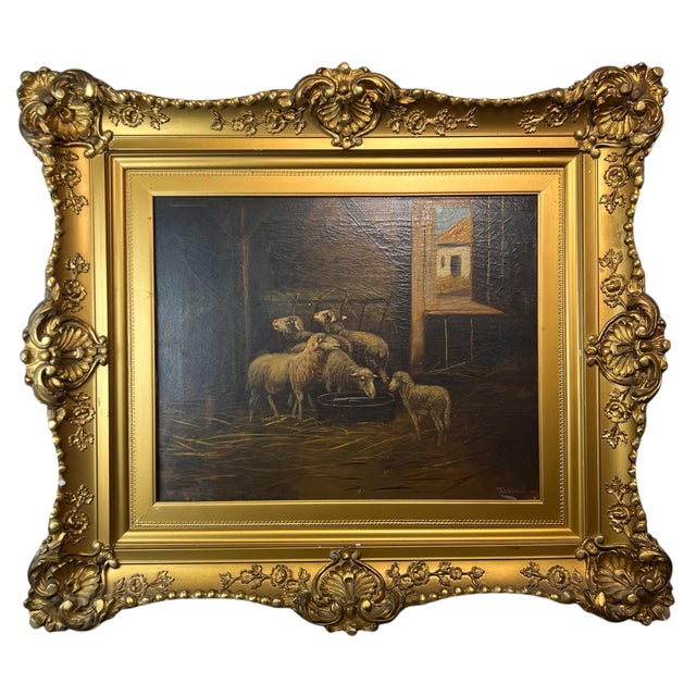 Antique Signed Durant Oil on Canvas “Sheep in Barn”Painting With Gold Gilt Frame For Sale - Image 4 of 6