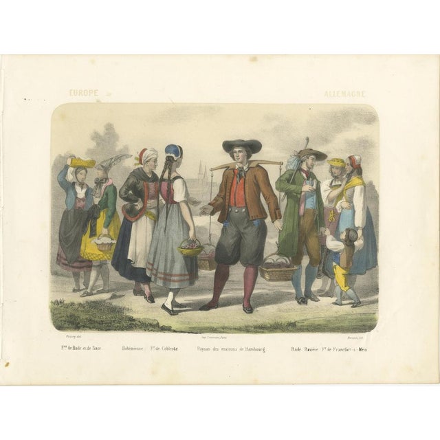 Title: German Regional Costumes – Bavarian and Saxon Figures, c.1845 : This elegant hand-colored lithograph, titled...