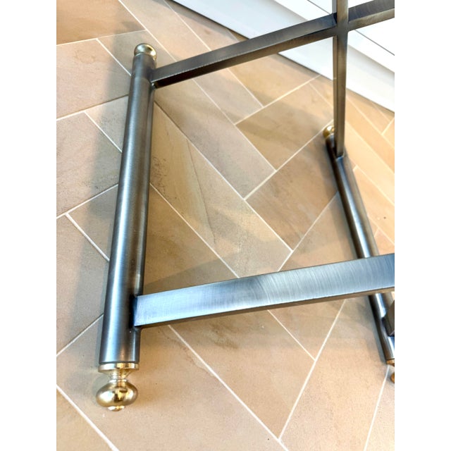 Pair of Late 20th Century Maison Jansen Style Brushed Steel, Brass and Nubuck Leather X-Frame Stools For Sale - Image 9 of 9